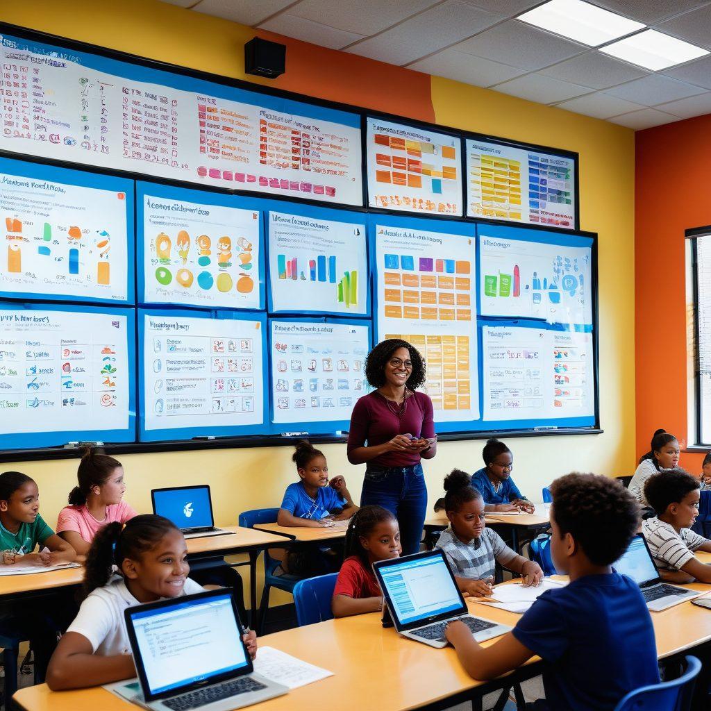 A vibrant classroom setting where diverse students of various ages are engaged with tablets and interactive screens, showcasing personalized learning via iReady. A teacher supports each student with enthusiasm, surrounded by colorful charts representing skill development. Warm sunlight streams through large windows, creating an inviting atmosphere. super-realistic. vibrant colors. bright background.