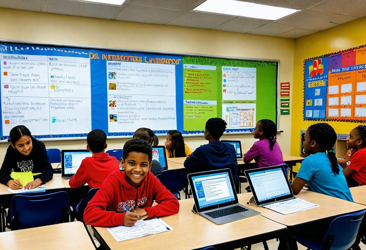 An educational journey timeline showcasing a diverse group of students from kindergarten to 12th grade, using iReady on various devices. Illustrate vibrant classroom settings with engaging interactions, displaying progress charts and achievements. Include elements of teamwork and support among students and teachers. The scene should be colorful and inspiring, with a feeling of growth and success. super-realistic. vibrant colors.