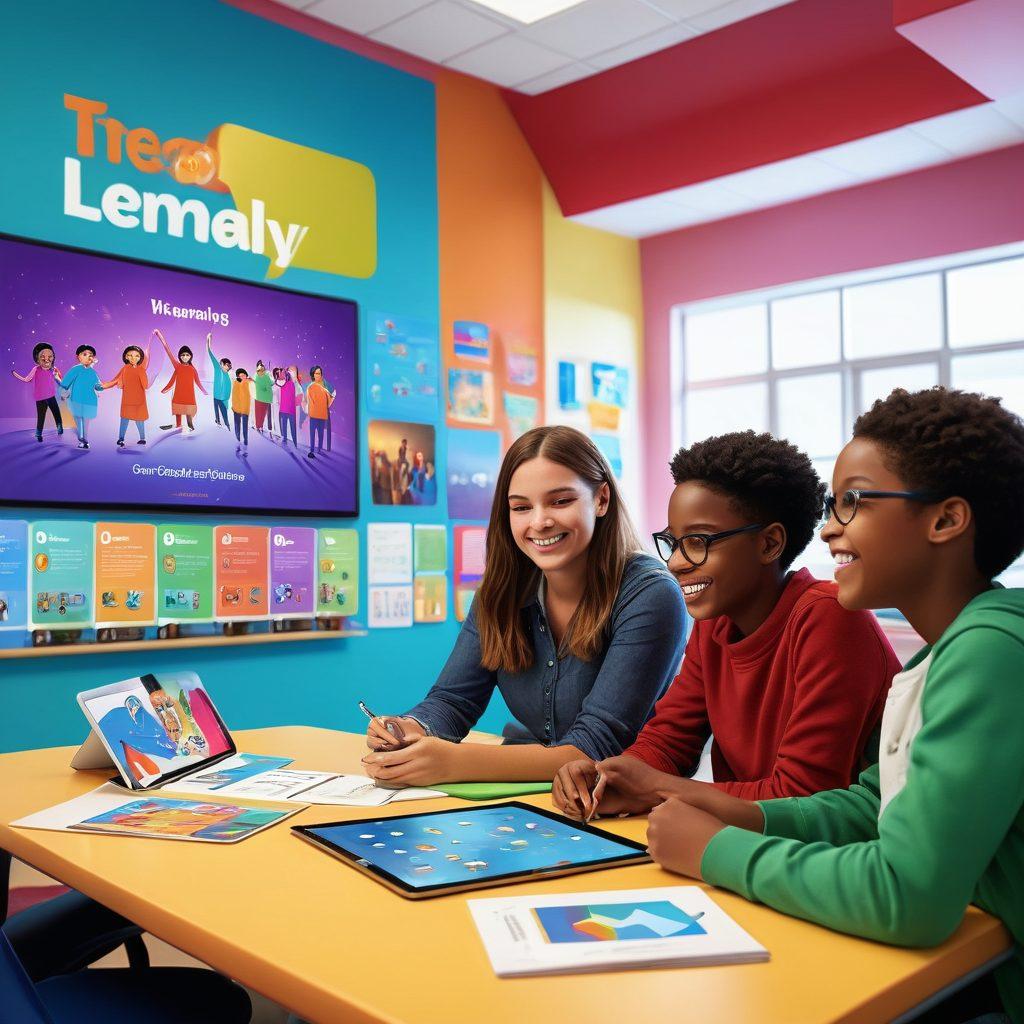 A lively classroom scene with diverse students engaged with tablets displaying iReady content. Illustrate a teacher guiding them with a smile, surrounded by colorful educational posters that evoke digital learning. Include elements of teamwork, with students collaborating on projects, and a bright, optimistic atmosphere. vibrant colors. 3D.